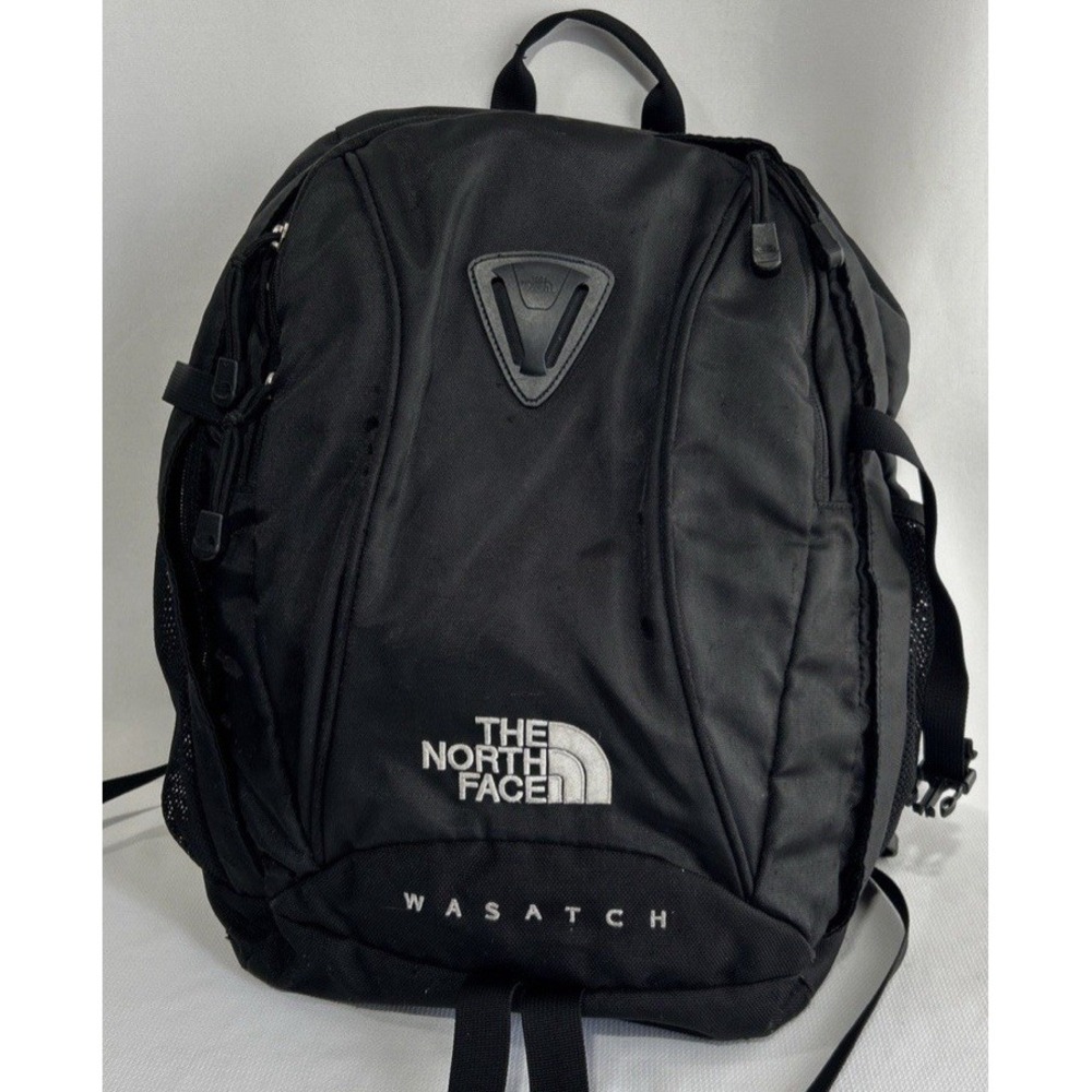 The North Face Wasatch Backpack Black Gold Logo Hiking School Travel Daypack VTG